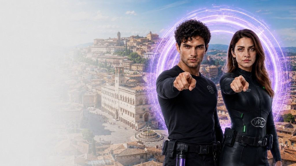 Agenti VRC davanti al centro storico di Perugia — realtà virtuale al Centro Gherlinda di Corciano
