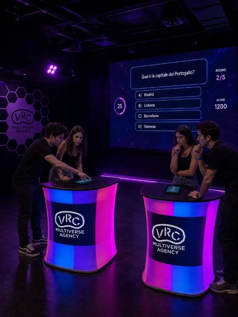 Due squadre al Quiz Game VRC davanti allo schermo con domanda e podi illuminati